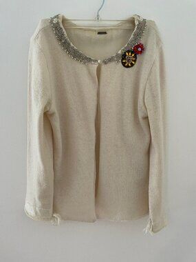 Free People Cropped Cream Sweater Feminine, Boho, Beaded Detail, Lace, wool, ang